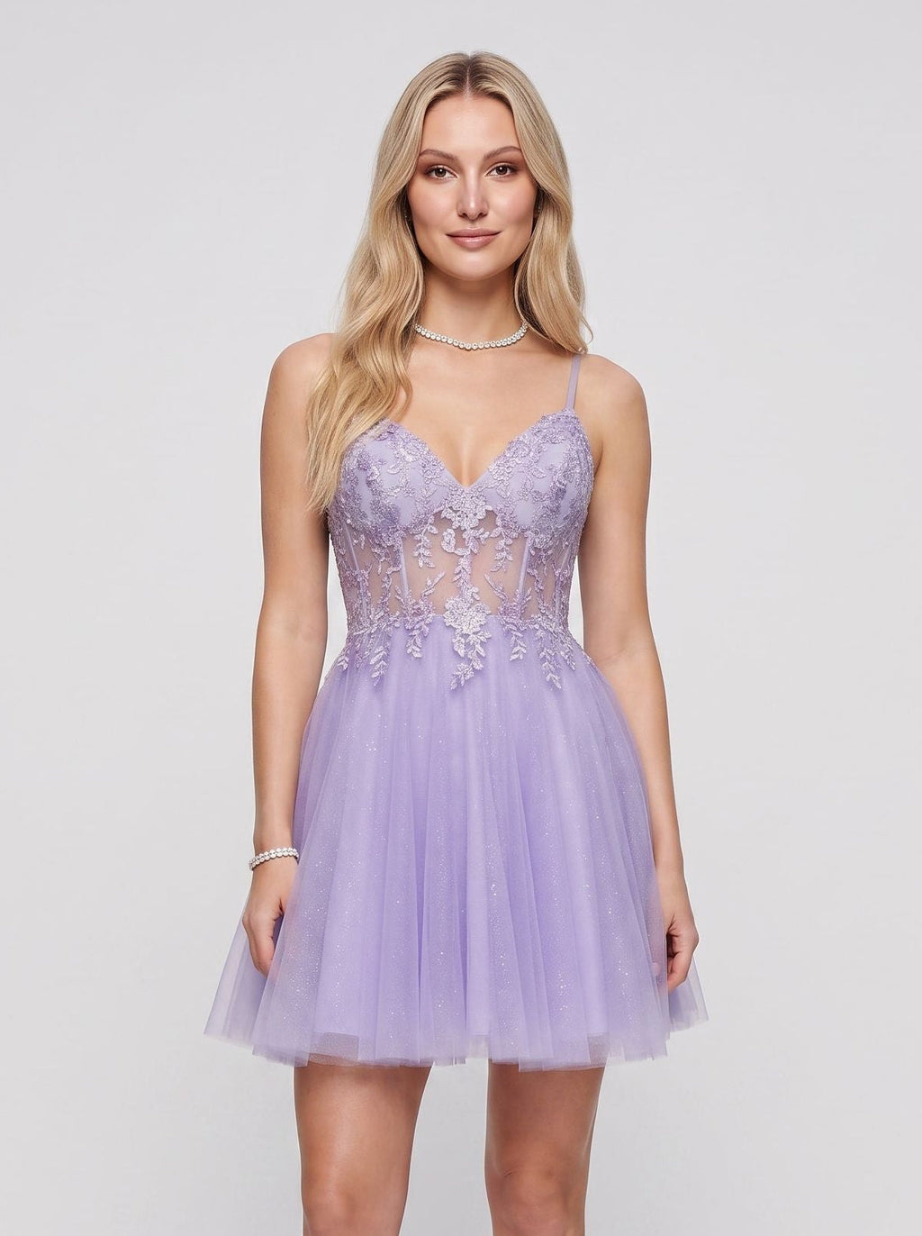 Lavender Tulle A-Line V-Neck Back Zip Short Dress with Appliques - Curvevia