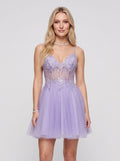 Lavender Tulle A-Line V-Neck Back Zip Short Dress with Appliques - Curvevia