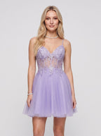Lavender Tulle A-Line V-Neck Back Zip Short Dress with Appliques - Curvevia