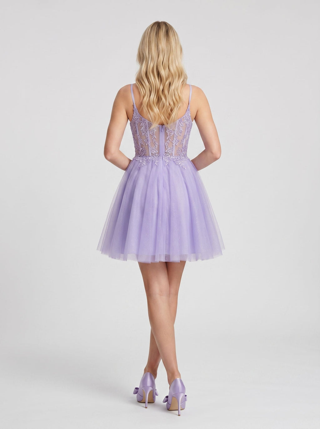 Lavender Tulle A-Line V-Neck Back Zip Short Dress with Appliques - Curvevia