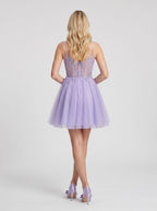 Lavender Tulle A-Line V-Neck Back Zip Short Dress with Appliques - Curvevia