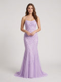 Lavender Tulle Mermaid Halter neckline Lace-up Floor-Length Dress with Appliques - Curvevia