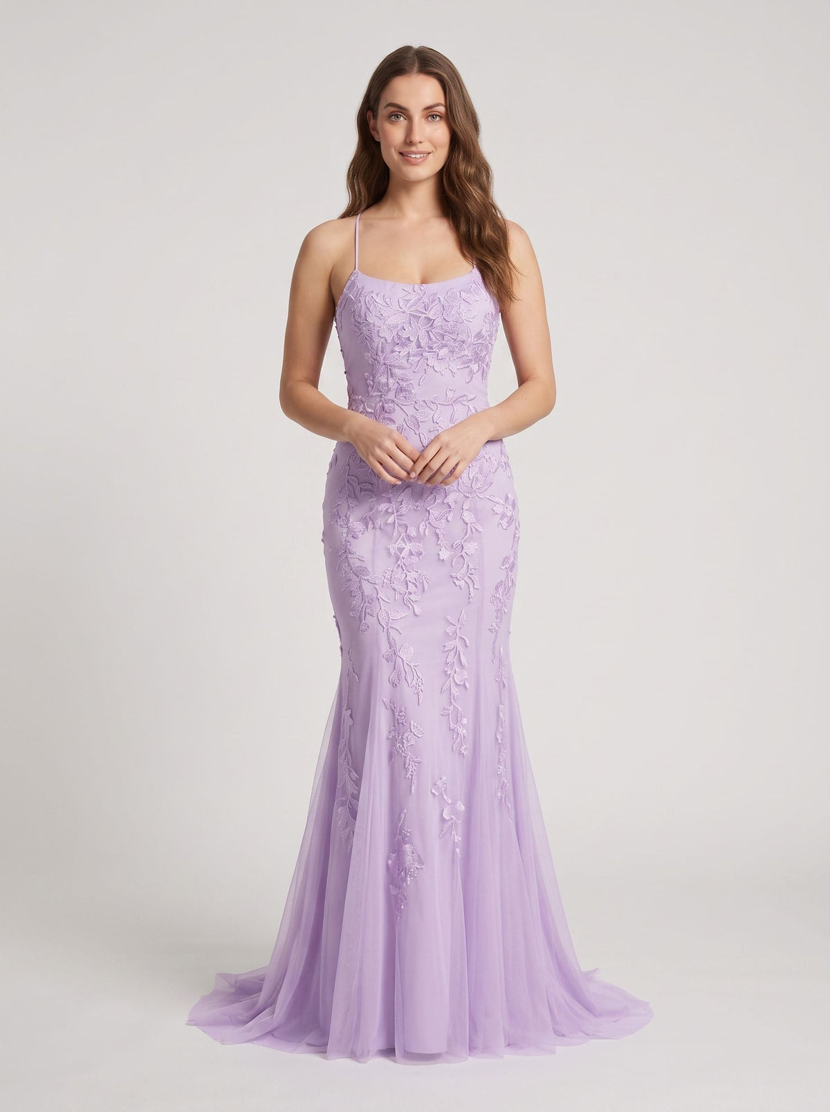 Lavender Tulle Mermaid Halter neckline Lace-up Floor-Length Dress with Appliques - Curvevia
