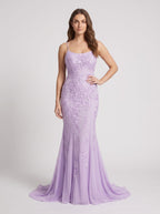 Lavender Tulle Mermaid Halter neckline Lace-up Floor-Length Dress with Appliques - Curvevia