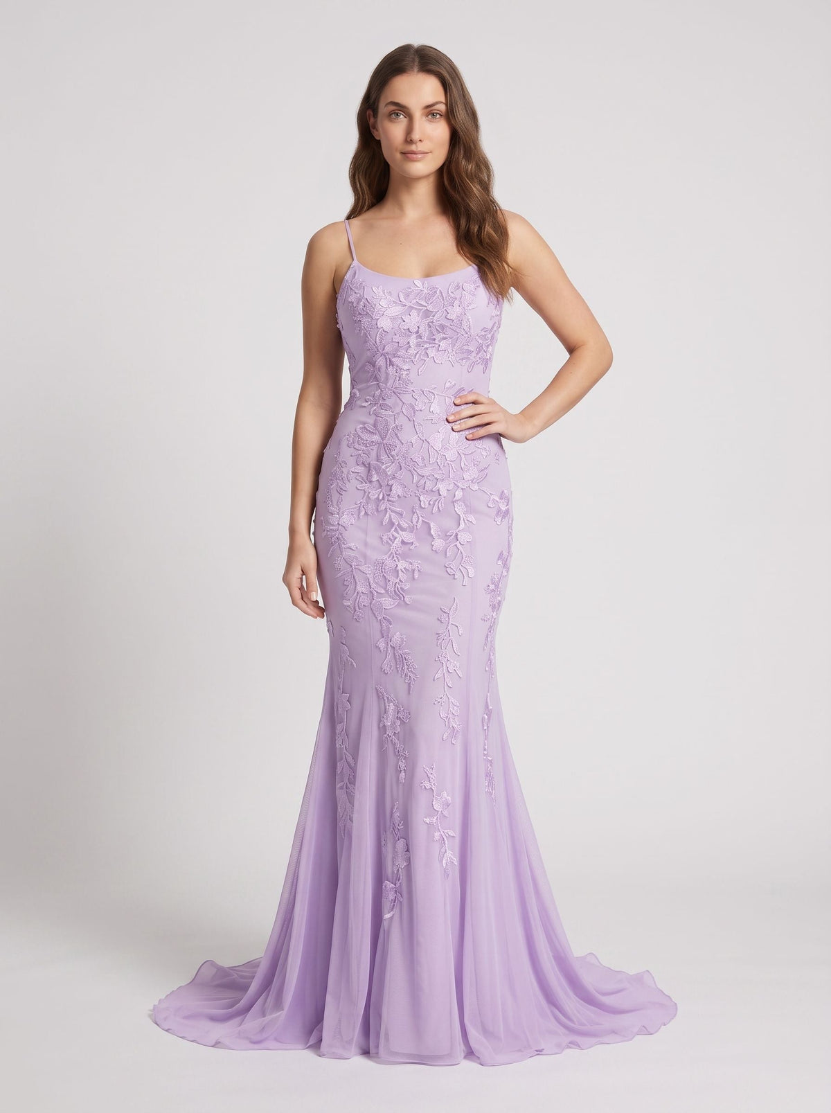 Lavender Tulle Mermaid Halter neckline Lace-up Floor-Length Dress with Appliques - Curvevia