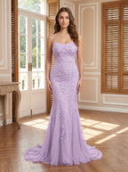 Lavender Tulle Mermaid Halter neckline Lace-up Floor-Length Dress with Appliques - Curvevia