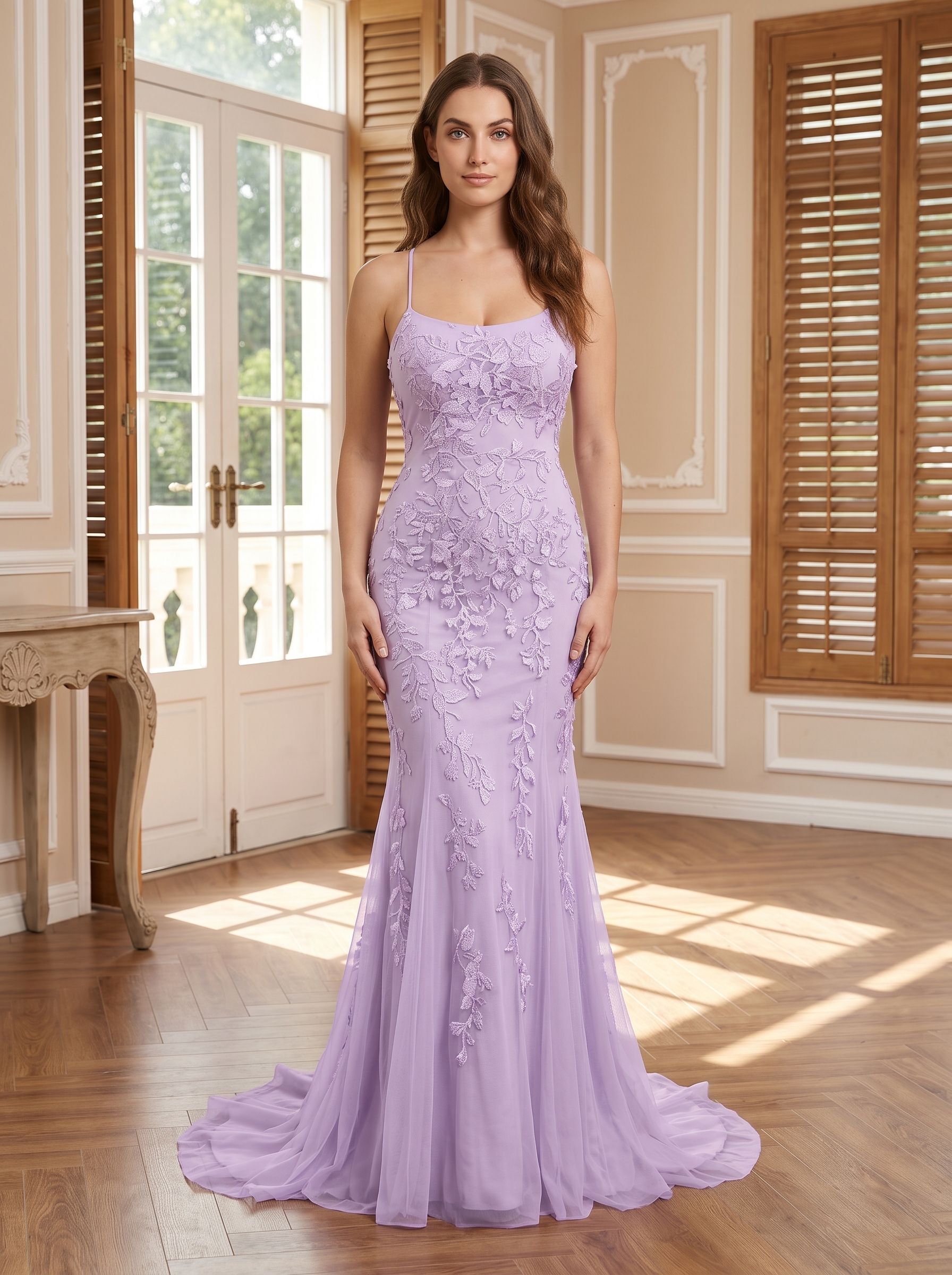 Lavender Tulle Mermaid Halter neckline Lace-up Floor-Length Dress with Appliques - Curvevia