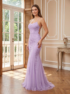 Lavender Tulle Mermaid Halter neckline Lace-up Floor-Length Dress with Appliques - Curvevia