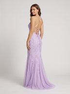 Lavender Tulle Mermaid Halter neckline Lace-up Floor-Length Dress with Appliques - Curvevia