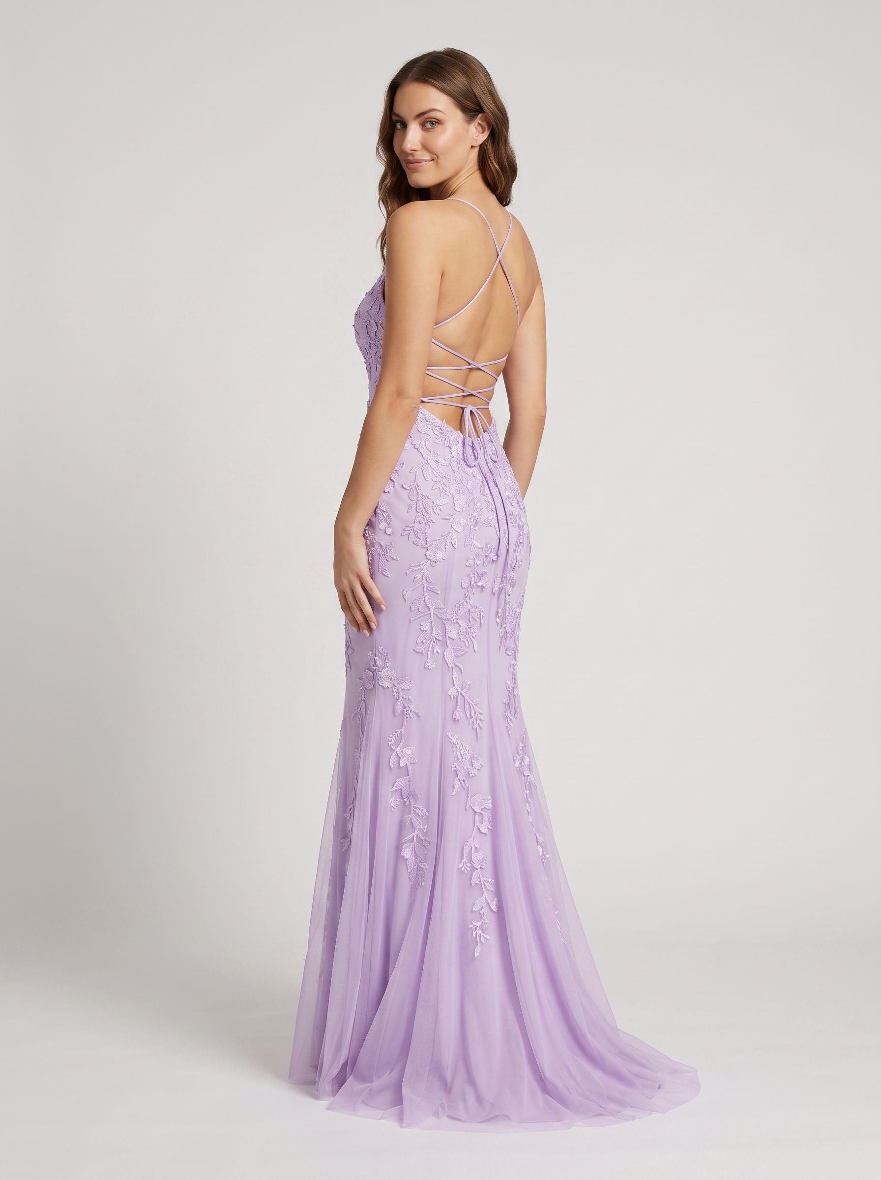 Lavender Tulle Mermaid Halter neckline Lace-up Floor-Length Dress with Appliques - Curvevia