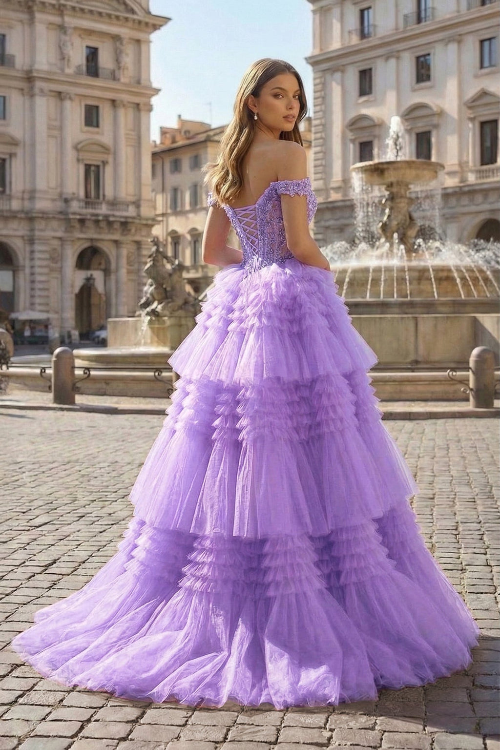 Red Tulle Off-the-Shoulder Ruffle Tiered Long Prom Dress - Curvevia