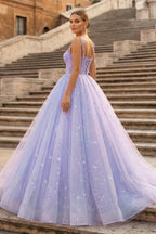 Lavender Tulle Straps Floor Length Evening Dress, Lavender A-Line Prom Dress - Curvevia