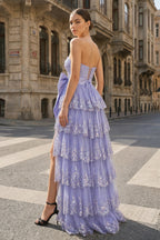 Sweetheart Light Blue Lace Appliques Ruffle Long Formal Gown - Curvevia