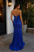 Royal Blue Sweetheart Mermaid Satin Beaded Long Evening Dress With Cutout - Curvevia