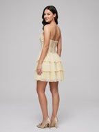 Yellow Chiffon A-Line Straight Neck Backless Short Dress with Cascading Ruffles - Curvevia