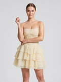 Yellow Chiffon A-Line Straight Neck Backless Short Dress with Cascading Ruffles - Curvevia
