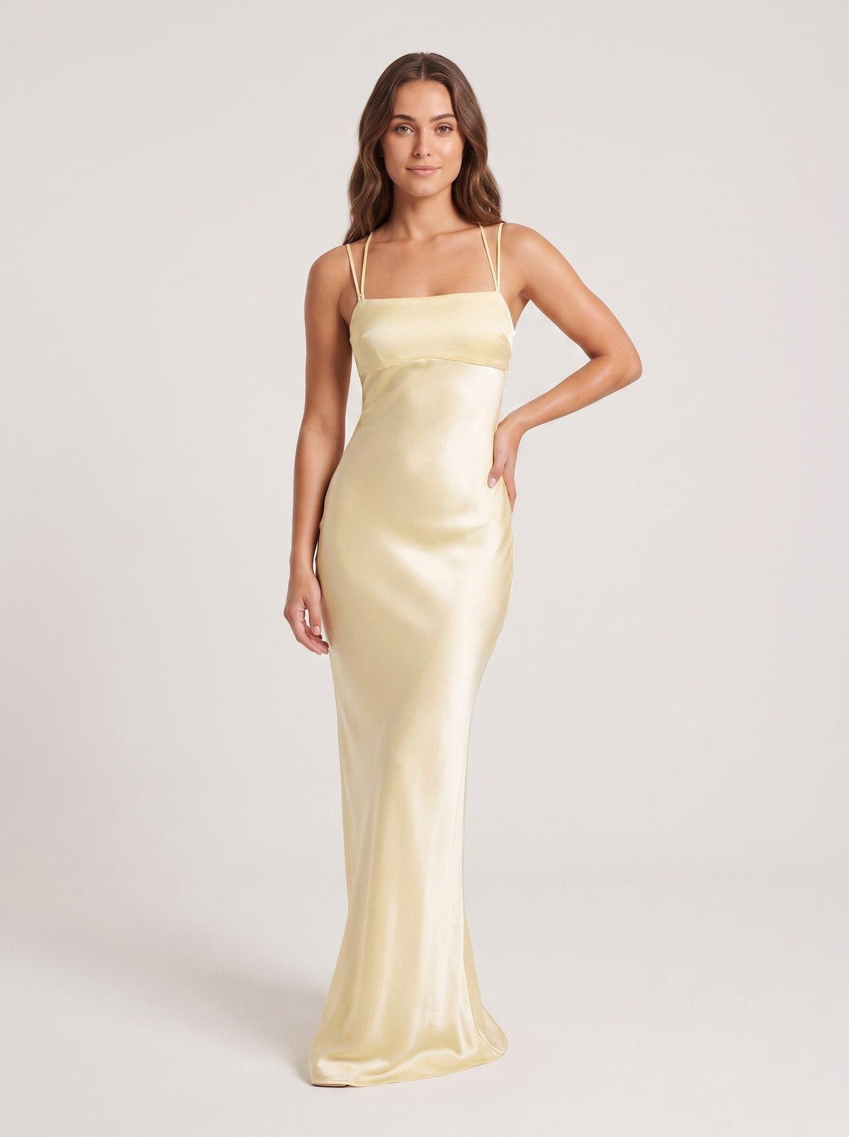 Daffodil Satin Column Square Neck Lace-up Floor-Length Dress with Pleated Bodice - Curvevia