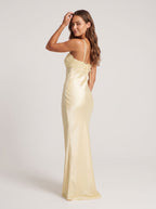 Daffodil Satin Column Square Neck Lace-up Floor-Length Dress with Pleated Bodice - Curvevia