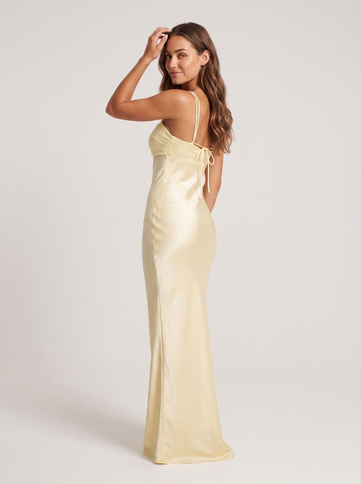 Daffodil Satin Column Square Neck Lace-up Floor-Length Dress with Pleated Bodice - Curvevia