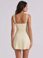 Daffodil Lace A-Line Scoop Neck Bow Short Dress with Ruffles - Curvevia