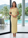 Lemon Lace Sheath One Shoulder Back Zip Floor-Length Dress with Lace Overlay - Curvevia