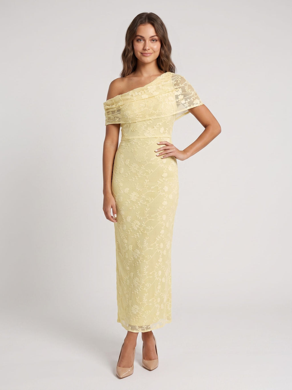 Lemon Lace Sheath One Shoulder Back Zip Floor-Length Dress with Lace Overlay - Curvevia