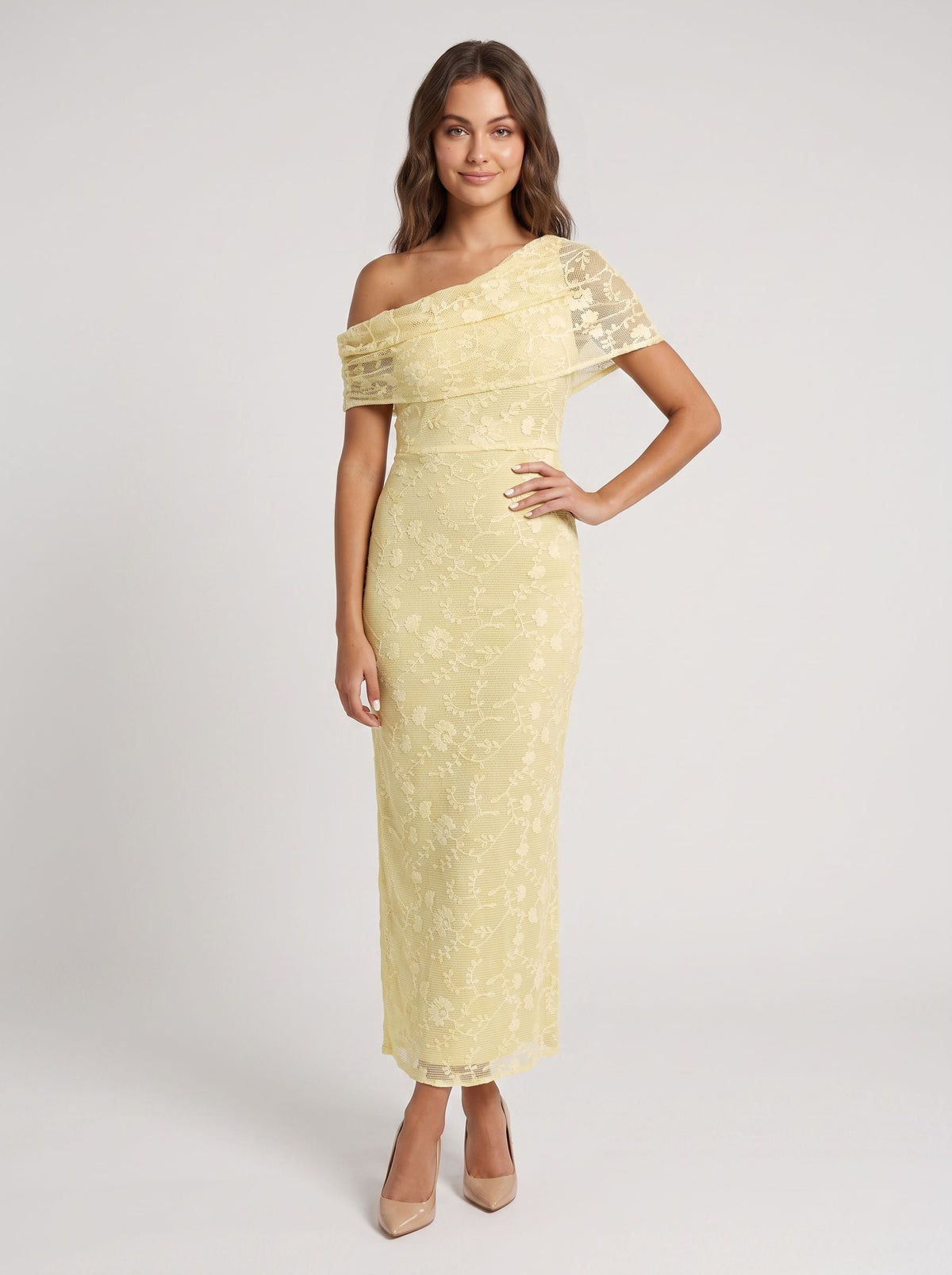 Lemon Lace Sheath One Shoulder Back Zip Floor-Length Dress with Lace Overlay - Curvevia