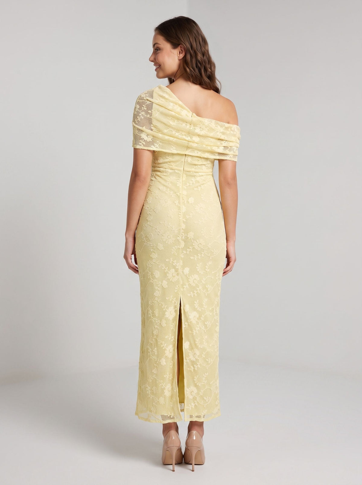 Lemon Lace Sheath One Shoulder Back Zip Floor-Length Dress with Lace Overlay - Curvevia