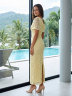 Lemon Lace Sheath One Shoulder Back Zip Floor-Length Dress with Lace Overlay - Curvevia