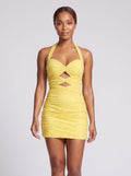 Lemon Mesh Column Halter neckline Lace-up Short Dress with Cutout Beading - Curvevia