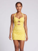 Lemon Mesh Column Halter neckline Lace-up Short Dress with Cutout Beading - Curvevia