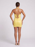 Lemon Mesh Column Halter neckline Lace-up Short Dress with Cutout Beading - Curvevia