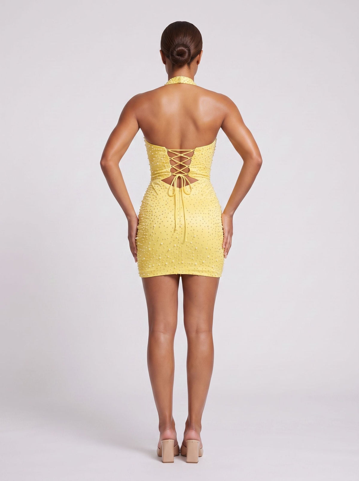 Lemon Mesh Column Halter neckline Lace-up Short Dress with Cutout Beading - Curvevia