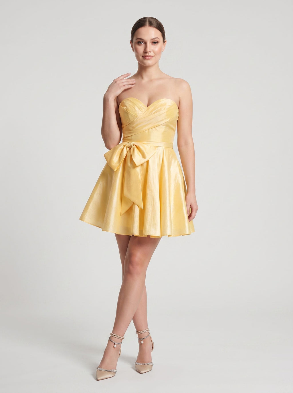 Lemon Satin A-Line Sweetheart Lace-up Short Dress with Front Bow - Curvevia