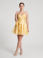 Lemon Satin A-Line Sweetheart Lace-up Short Dress with Front Bow - Curvevia