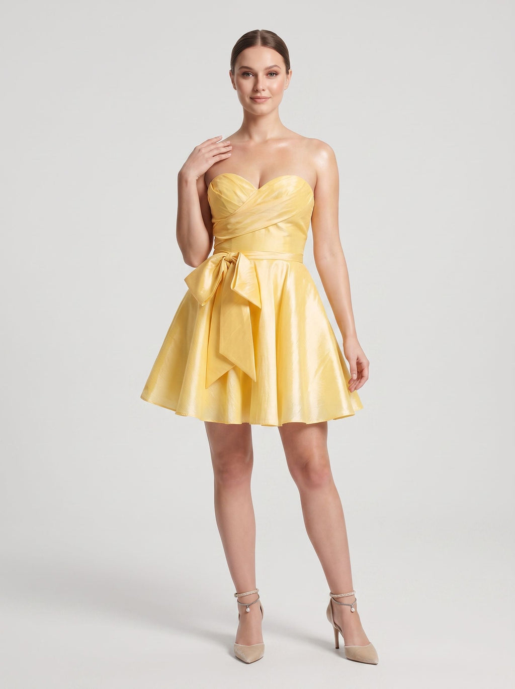 Lemon Satin A-Line Sweetheart Lace-up Short Dress with Front Bow - Curvevia
