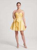 Lemon Satin A-Line Sweetheart Lace-up Short Dress with Front Bow - Curvevia