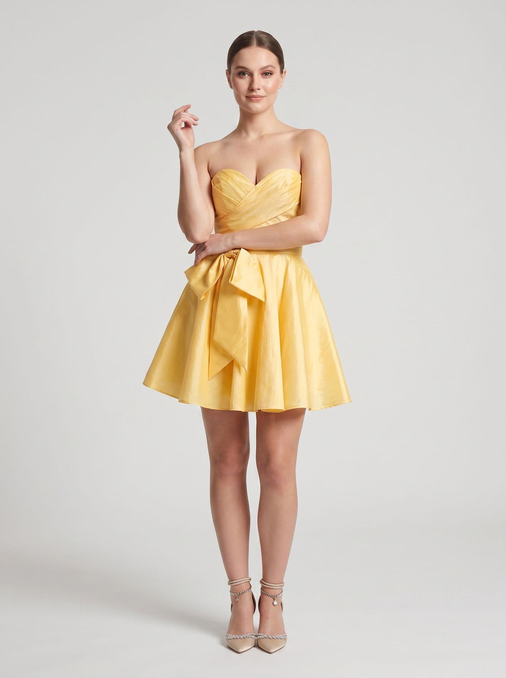Lemon Satin A-Line Sweetheart Lace-up Short Dress with Front Bow - Curvevia