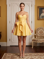 Lemon Satin A-Line Sweetheart Lace-up Short Dress with Front Bow - Curvevia