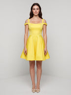 Lemon Satin A-Line Off-the-Shoulder Backless Short Dress with Pleated Bodice - Curvevia