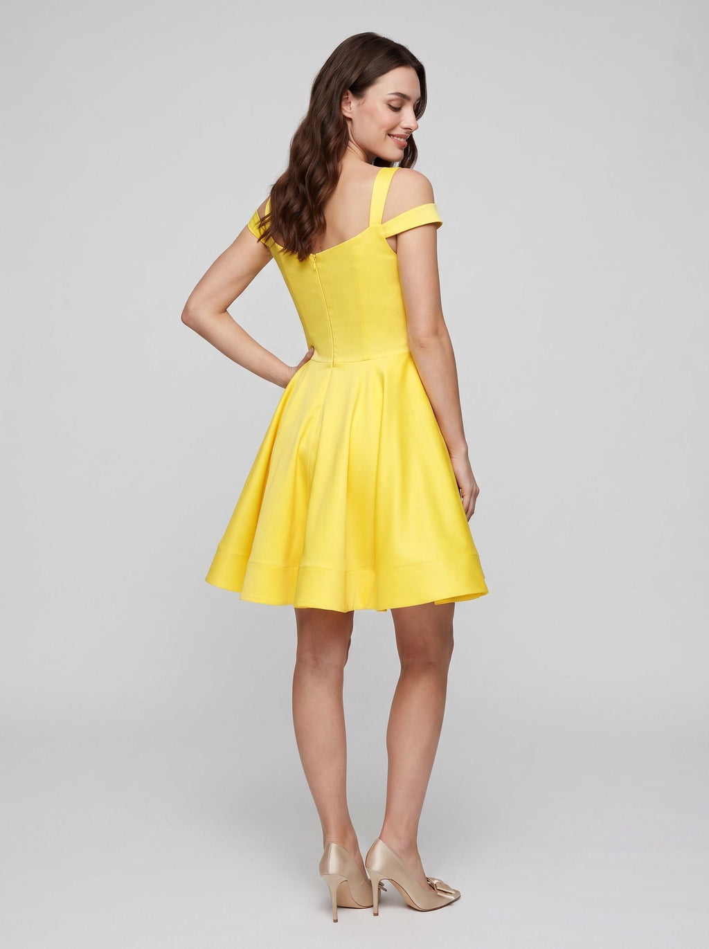 Lemon Satin A-Line Off-the-Shoulder Backless Short Dress with Pleated Bodice - Curvevia