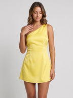 Lemon Satin A-Line One Shoulder Side Zip Short Dress with Bias Cut - Curvevia