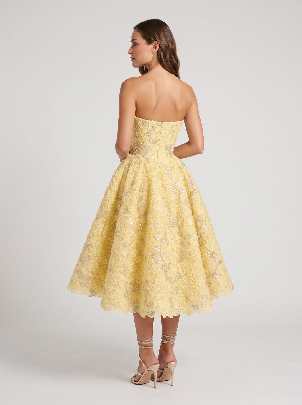 Daffodil Satin A-Line Straight Neck Back Zip Tea-Length Dress with Beaded Bodice - Curvevia