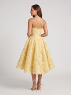 Daffodil Satin A-Line Straight Neck Back Zip Tea-Length Dress with Beaded Bodice - Curvevia