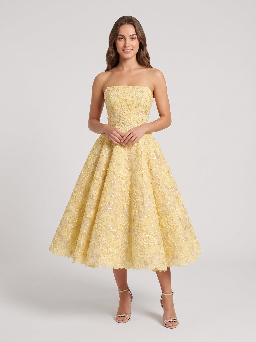 Daffodil Satin A-Line Straight Neck Back Zip Tea-Length Dress with Beaded Bodice - Curvevia