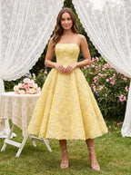 Daffodil Satin A-Line Straight Neck Back Zip Tea-Length Dress with Beaded Bodice - Curvevia