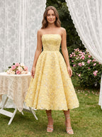 Daffodil Satin A-Line Straight Neck Back Zip Tea-Length Dress with Beaded Bodice - Curvevia