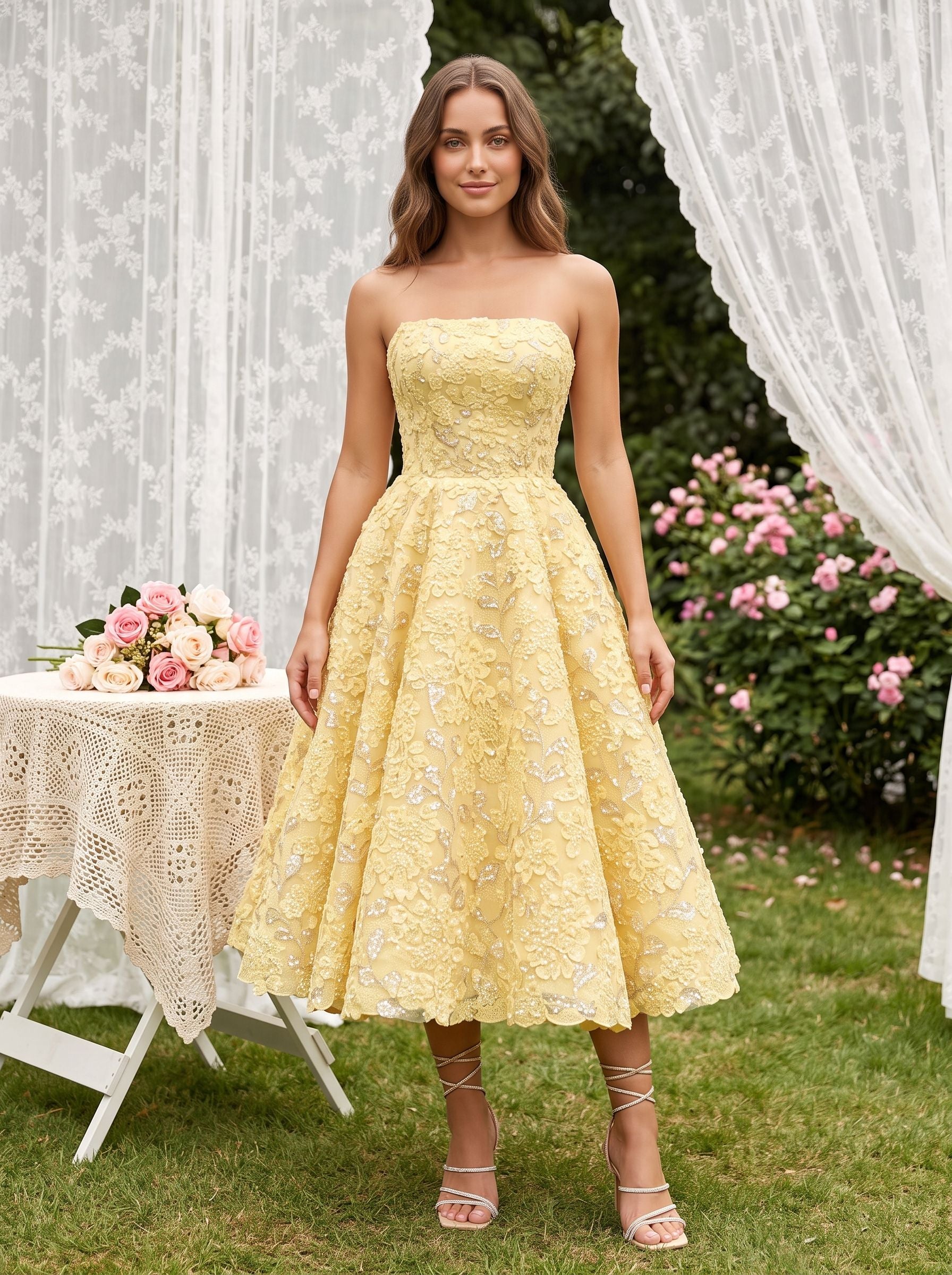 Daffodil Satin A-Line Straight Neck Back Zip Tea-Length Dress with Beaded Bodice - Curvevia