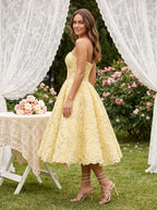 Daffodil Satin A-Line Straight Neck Back Zip Tea-Length Dress with Beaded Bodice - Curvevia