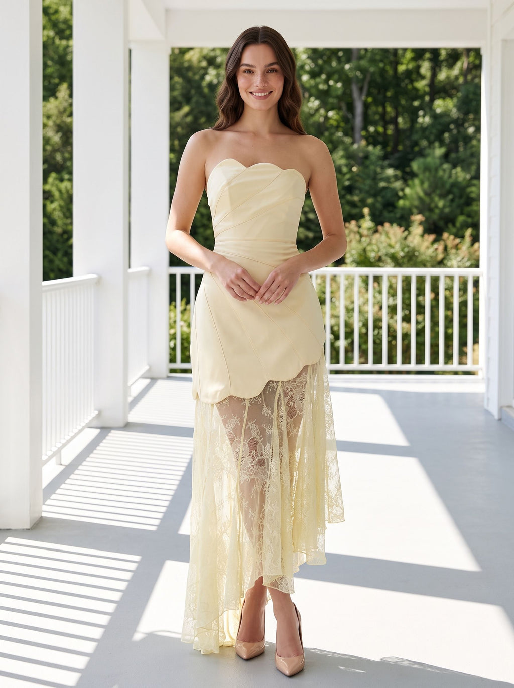 Butter Satin A-Line Straight Neck Side Zip Floor-Length Dress with Lace Godet Skirt - Curvevia